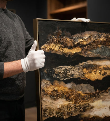 Art handler presenting Aurum Strata large format original painting