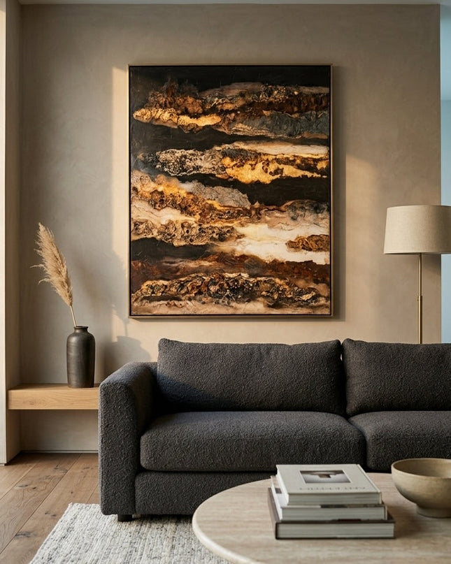 Aurum Strata original painting displayed in a modern living room