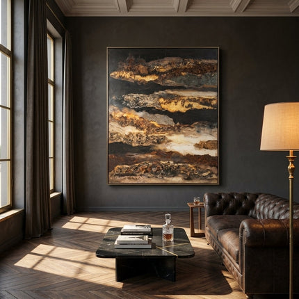 Aurum Strata original hand-painted abstract art with gold leaf displayed in a grand collector's salon with dark walls and herringbone floors