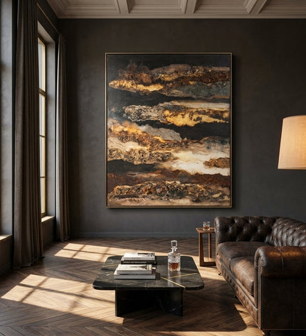 Aurum Strata original hand-painted abstract art with gold leaf displayed in a grand collector's salon with dark walls and herringbone floors