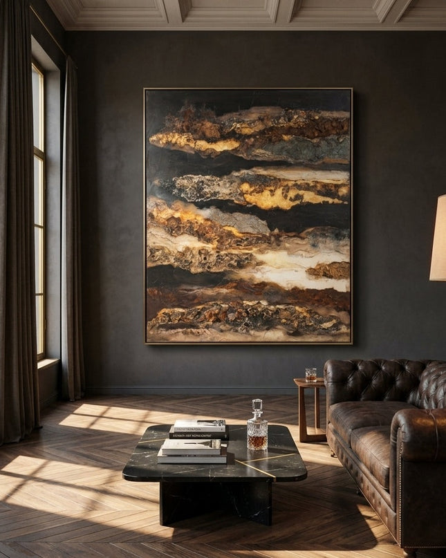 Aurum Strata original hand-painted abstract art with gold leaf displayed in a grand collector's salon with dark walls and herringbone floors