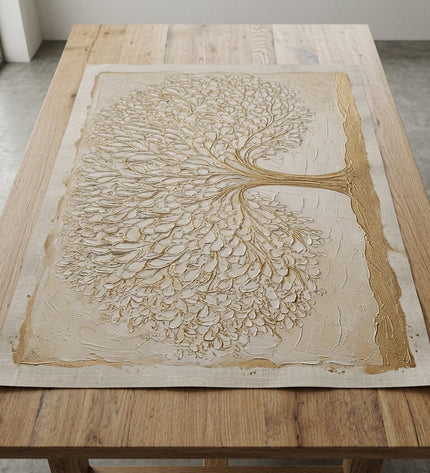 Blooming Growth hand-painted original as unrolled canvas on studio table, shown without frame