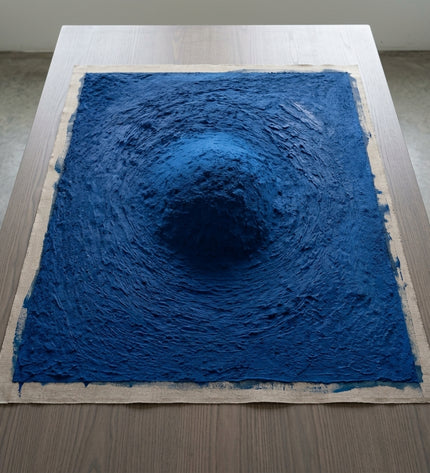 Blue Abyss hand-painted original as unrolled canvas on studio table, shown without frame