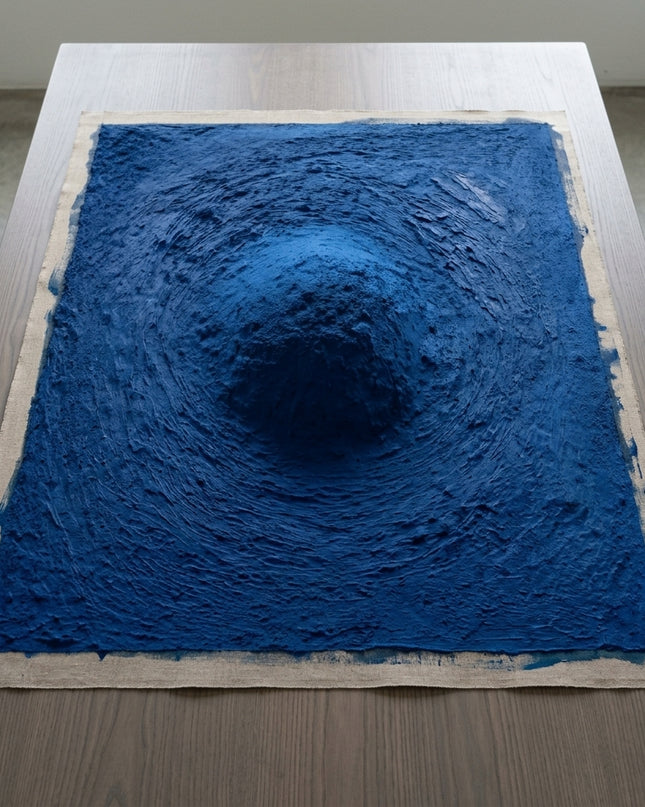Blue Abyss hand-painted original as unrolled canvas on studio table, shown without frame
