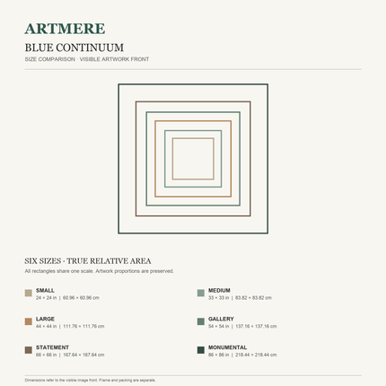 Blue Continuum — six square sizes in centimeters and inches