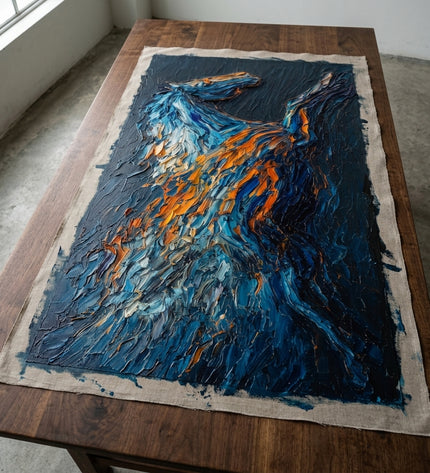 Bluefire Stallion hand-painted original as unrolled canvas on studio table, shown without frame