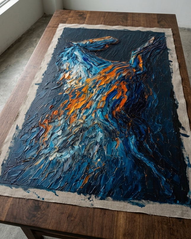 Bluefire Stallion hand-painted original as unrolled canvas on studio table, shown without frame