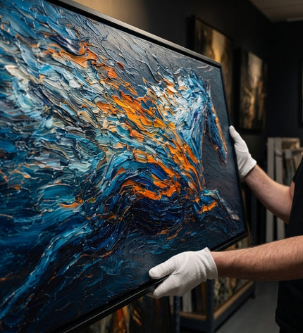 Bluefire Stallion original oil painting held by a gallerist with white cotton gloves, palette knife texture close-up