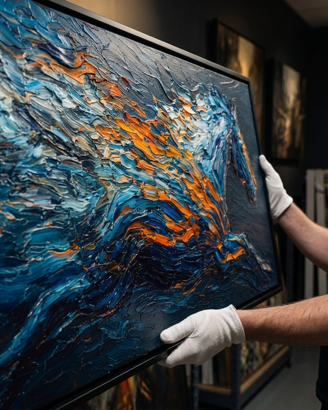 Bluefire Stallion original oil painting held by a gallerist with white cotton gloves, palette knife texture close-up