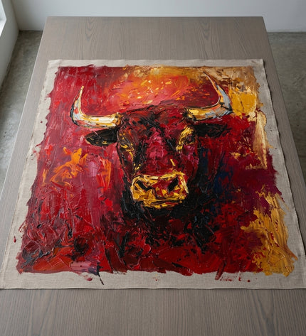 Bull of Fortune hand-painted original as unrolled canvas on studio table, shown without frame