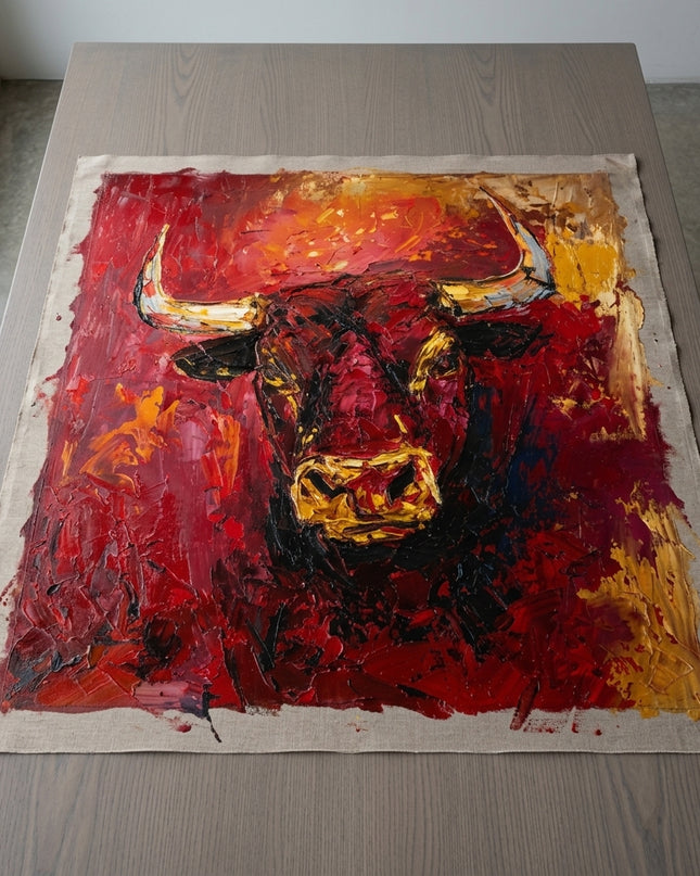 Bull of Fortune hand-painted original as unrolled canvas on studio table, shown without frame