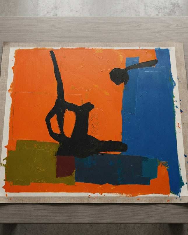 Catalyst hand-painted original as unrolled canvas on studio table, shown without frame