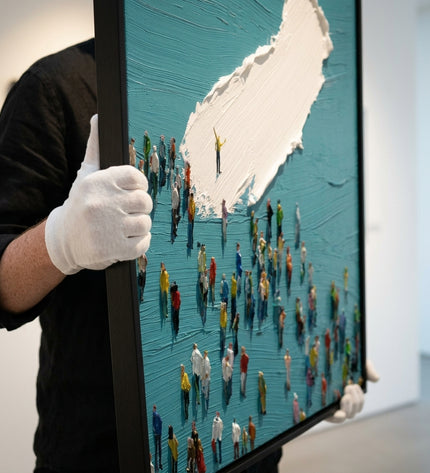 Art handler presenting Center Stage large format original painting