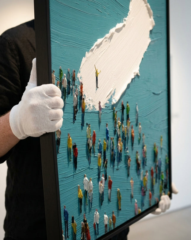 Art handler presenting Center Stage large format original painting