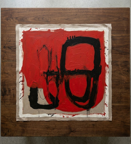 Ceremonial Forms hand-painted original as unrolled canvas on studio table, shown without frame