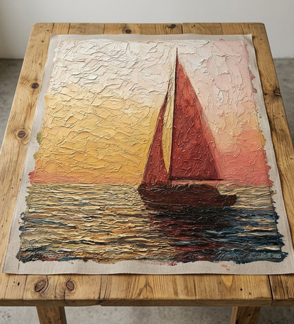 Chasing the Sun hand-painted original as unrolled canvas on studio table, shown without frame