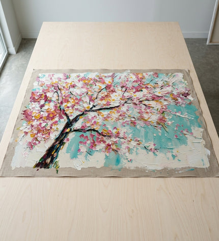 Cherry Sky hand-painted original as unrolled canvas on studio table, shown without frame