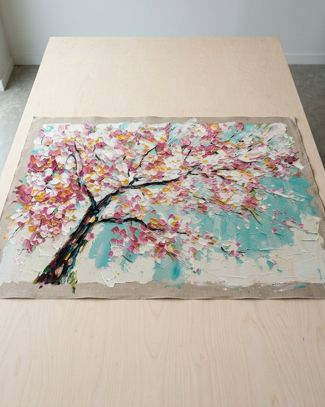 Cherry Sky hand-painted original as unrolled canvas on studio table, shown without frame