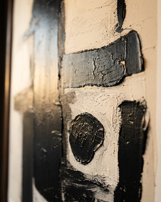 Close-up detail of Monochrome Balance showing textured impasto brushwork and color detail