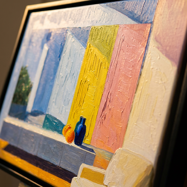 Close-up detail of Constructed Dimension showing textured impasto brushwork and color detail
