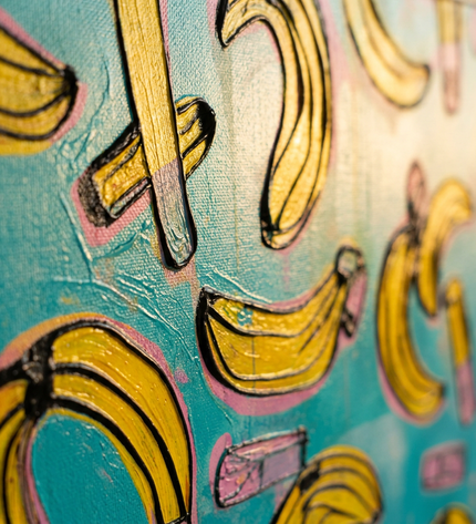 Close-up detail of Banana Crush showing textured impasto brushwork and color detail
