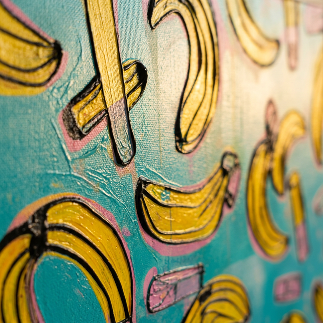 Close-up detail of Banana Crush showing textured impasto brushwork and color detail