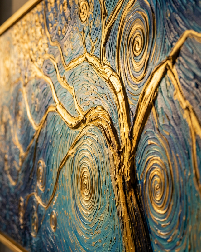 Close-up detail of Tree of Dreams showing textured impasto brushwork and color detail