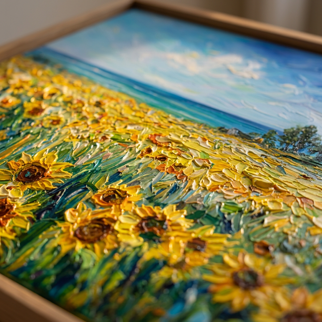 Close-up detail of Golden Days showing textured impasto brushwork and color detail
