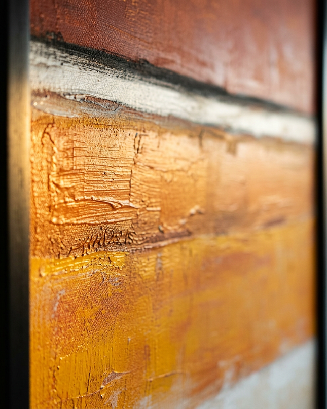 Close-up detail of Rust and Gold showing textured impasto brushwork and color detail