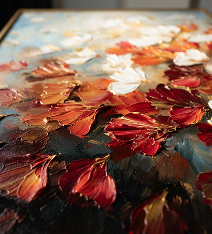 Close-up detail of Smells Like Spring showing textured impasto brushwork and color detail