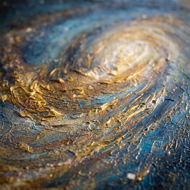 Close-up detail of Nebula of Light showing textured impasto brushwork and color detail