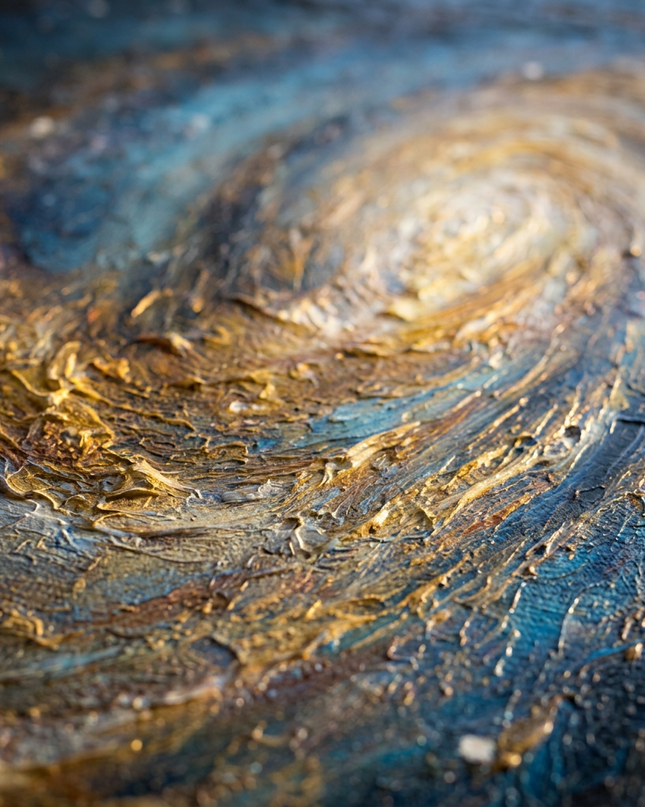 Close-up detail of Nebula of Light showing textured impasto brushwork and color detail