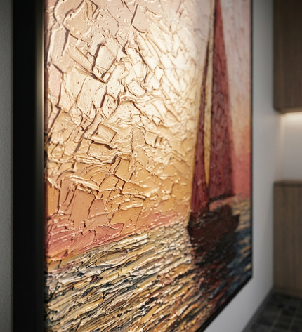 Close-up detail of Chasing the Sun showing textured impasto brushwork and color detail