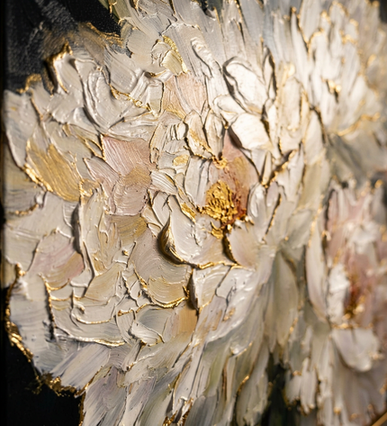 Close-up detail of Golden Edge Blooms showing textured impasto brushwork and color detail