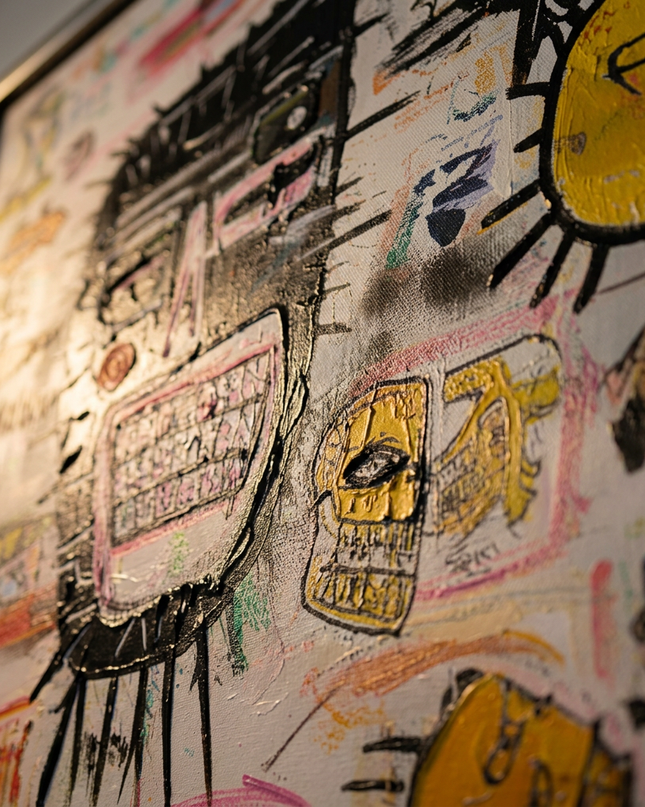 Close-up detail of Tribal Pop showing textured impasto brushwork and color detail