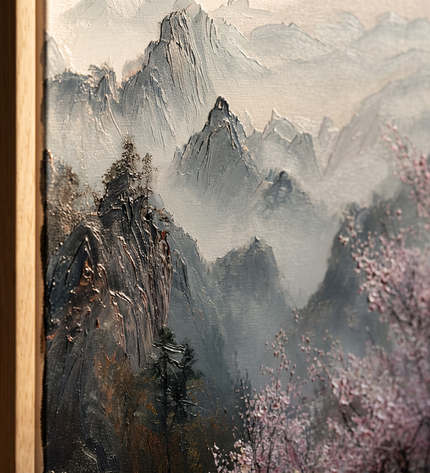 Close-up detail of Mist Over Mountains showing textured impasto brushwork and color detail
