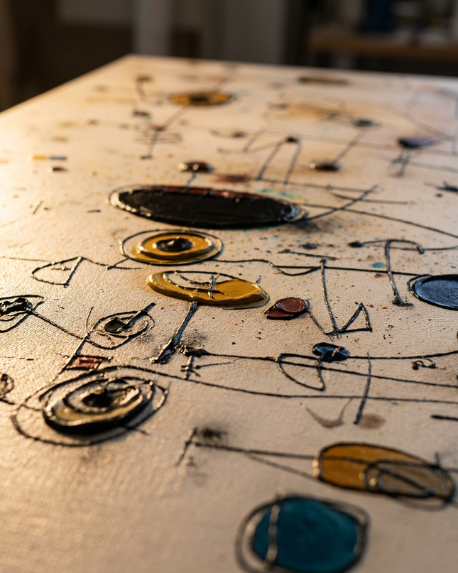 Close-up detail of Echoes in Space showing textured impasto brushwork and color detail