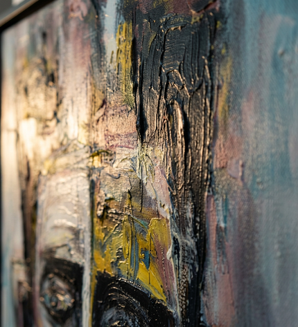 Close-up detail of The Listener showing textured impasto brushwork and color detail