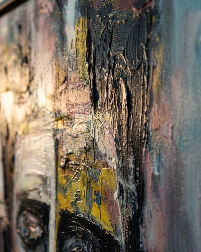 Close-up detail of The Listener showing textured impasto brushwork and color detail