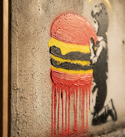 Close-up detail of Holy Burger showing textured impasto brushwork and color detail
