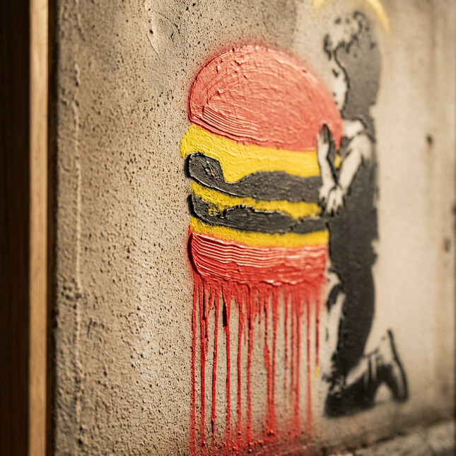 Close-up detail of Holy Burger showing textured impasto brushwork and color detail