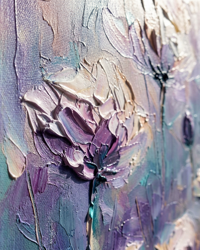 Close-up detail of Lilac Serenade showing textured impasto brushwork and color detail