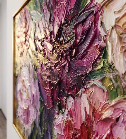 Close-up detail of Rhapsody in Petals showing textured impasto brushwork and color detail