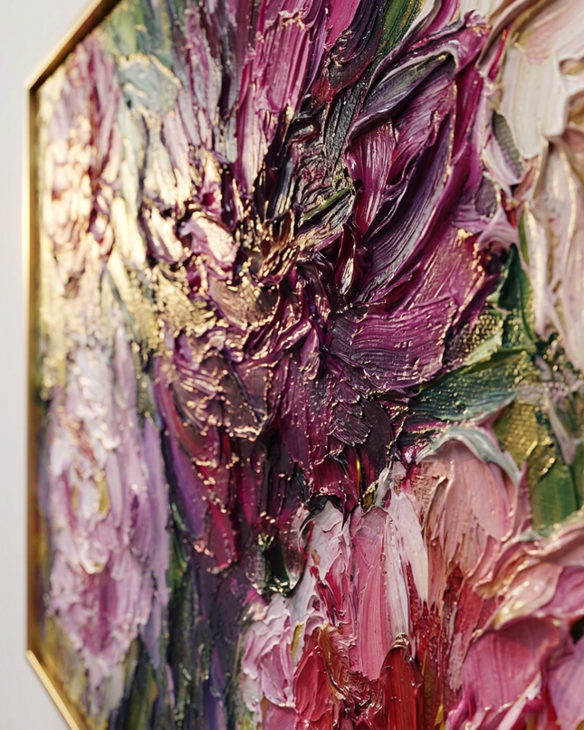 Close-up detail of Rhapsody in Petals showing textured impasto brushwork and color detail