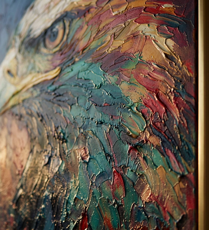 Close-up detail of Watchful Hunter showing textured impasto brushwork and color detail