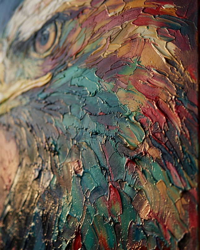 Close-up detail of Watchful Hunter showing textured impasto brushwork and color detail