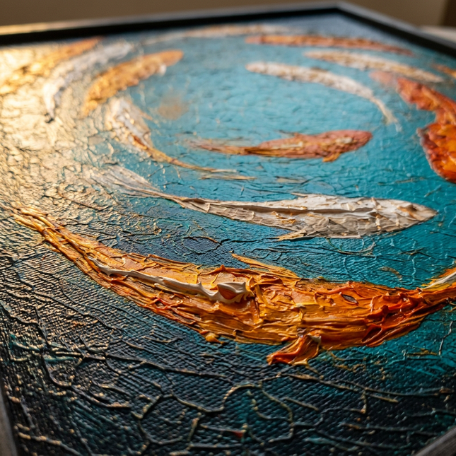 Close-up detail of Koi of Prosperity showing textured impasto brushwork and color detail