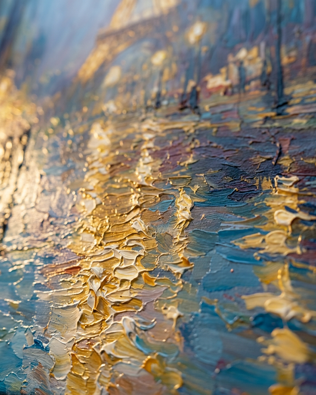 Close-up detail of Midnight in Paris showing textured impasto brushwork and color detail