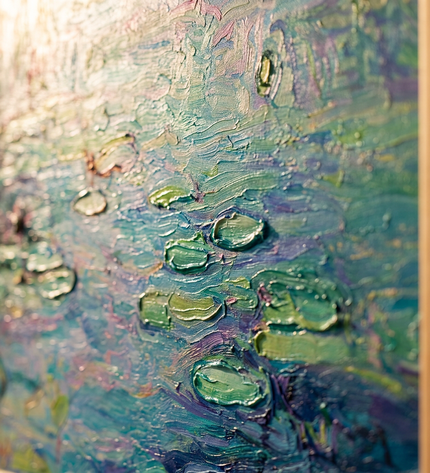 Close-up detail of Garden of Reflections showing textured impasto brushwork and color detail