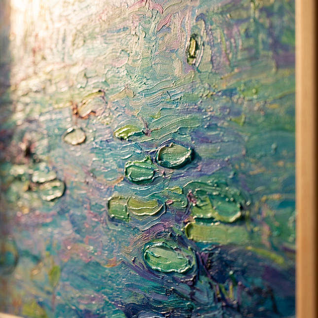 Close-up detail of Garden of Reflections showing textured impasto brushwork and color detail
